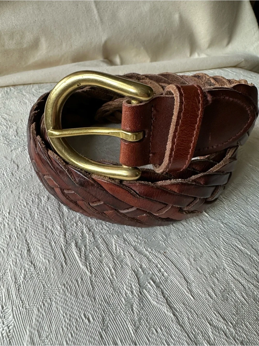 Vintage 90s Braided Leather Belt with Solid Brass Buckle Boho Preppy Brown